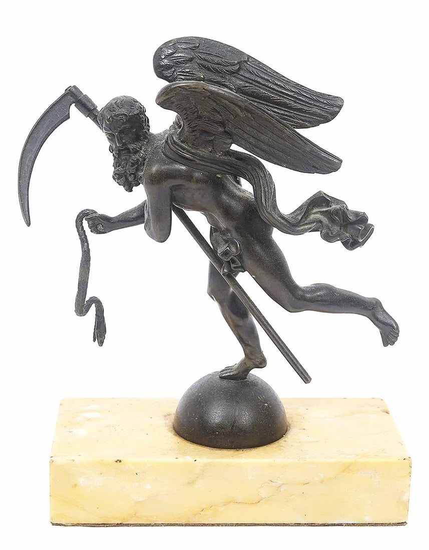 Bronze Figure Of Chronos, Ca. Late-19th Century: Italian Grand Tour bronze figure, Chronos, apparently unsigned, mounted on a rectangular sienna marble base. Very good condition. Dimensions: L. 6 inches H. 8 1/2 inches W. 3 inches