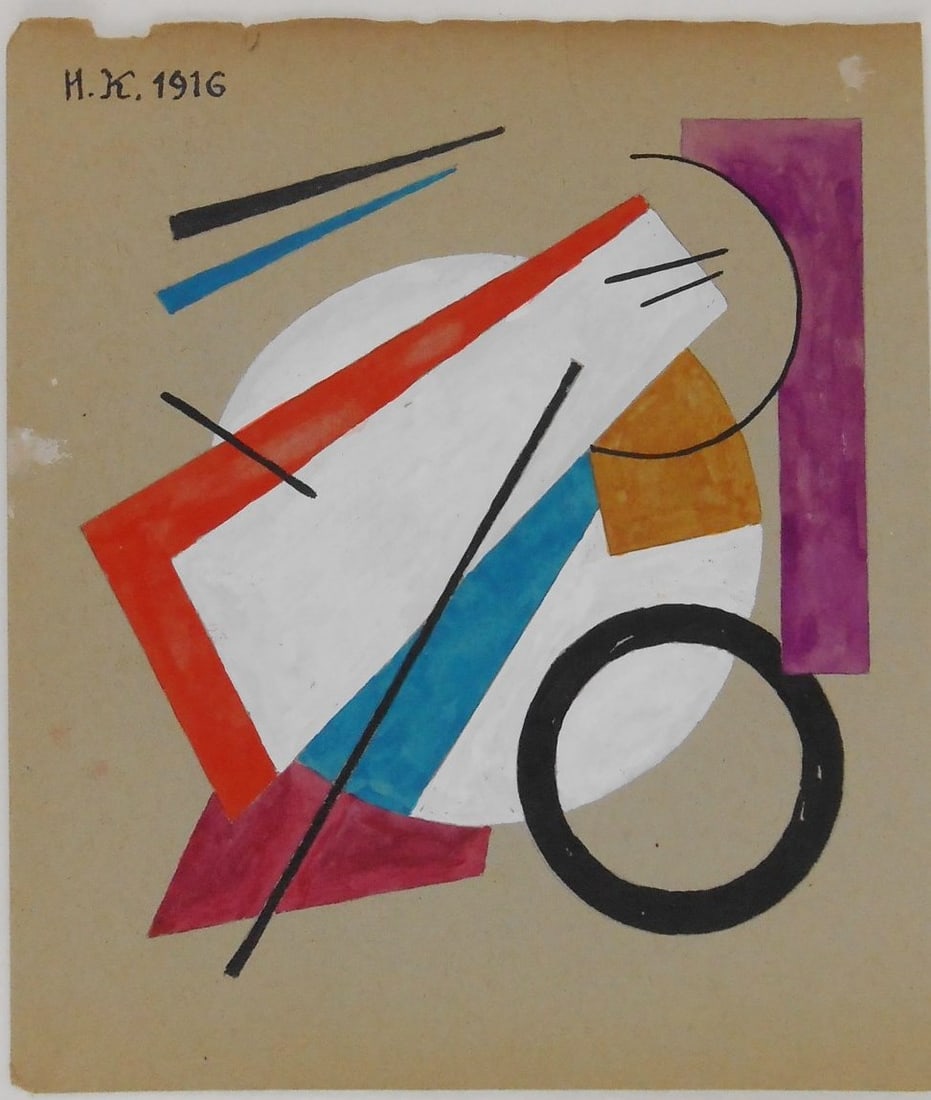Ivan Kliun* (1873-1943) Suprematist Watercolor (See Guarantee & Disclaimer): Watercolor on heavy grey cardstock, untitled suprematist composition, signed in cyrillic with the artist's initials and dated (Ivan Kliun*, 1873-1943). Small repaired tear at center top margin, otherw