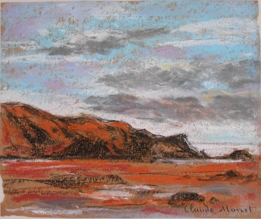 Claude Monet* (1840-1926) Pastel (See Guarantee & Disclaimer): Pastel on brown wove paper, rocky coastal landscape, signed (Claude Monet*, 1840-1926). Circa 1880-1900. Good condition overall. Unframed for inspection, photographing, and shipping. Sold unframed. Di
