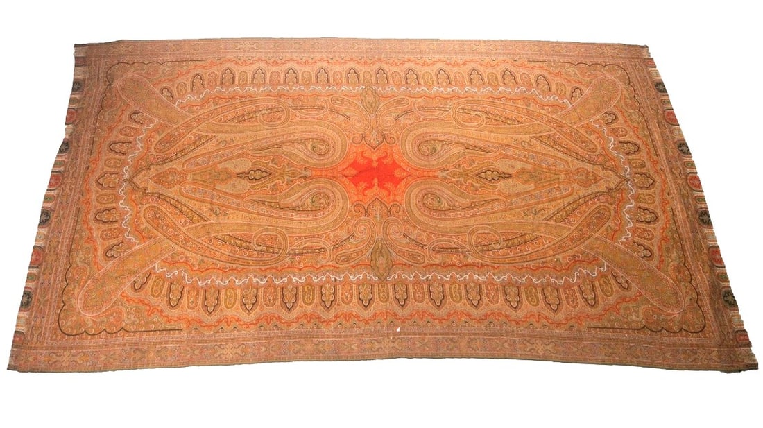 Kashmir Paisley Shawl, 19th Century: Antique Kashmir paisely shawl, with beautiful and highly detailed all-over intricate design, the central medallion radiating outward with elaborate scrolling motifs. Each of the short ends is bordered