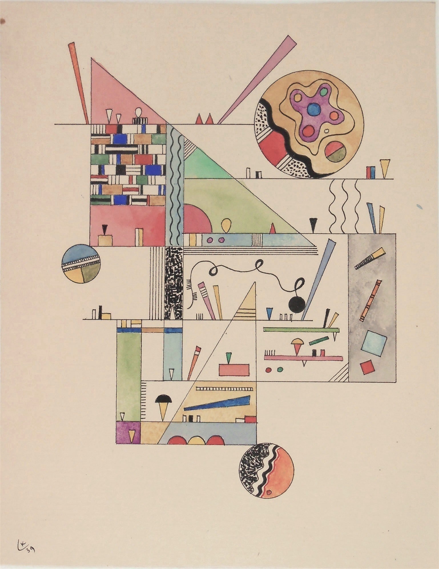 Wassily Kandinsky* (1866-1944) Watercolor (See Guarantee & Disclaimer): Watercolor with black ink and gouache on heavy laid paper, untitled abstract with geometric and biomorphic forms, signed with the artist's monogram and dated (Wassily Kandinsky*, 1866-1944). Excellent