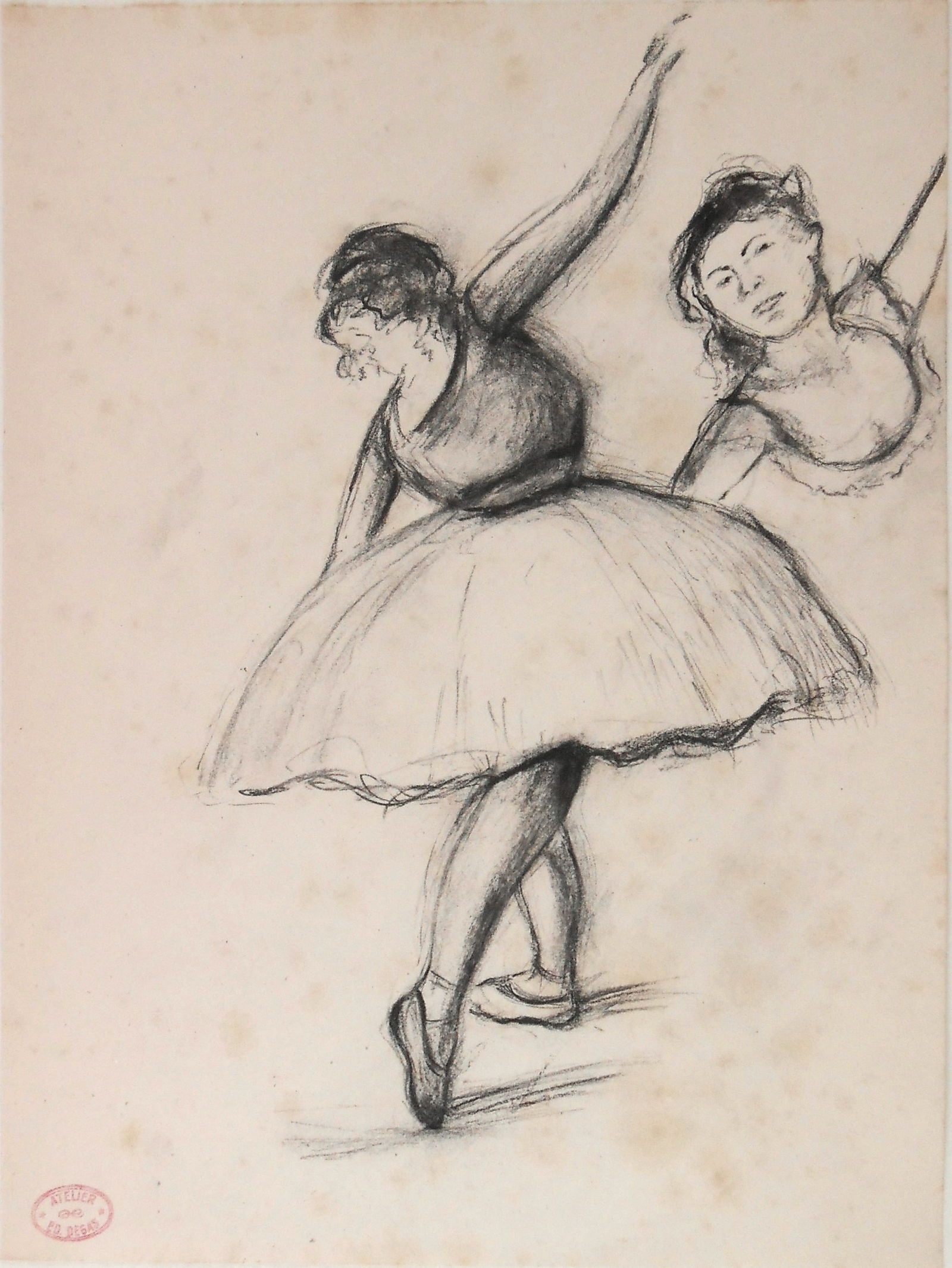 Edgar Degas* (1834-1917) Charcoal Drawing (See Guarantee & Disclaimer): Charcoal drawing on wove paper, study of a dancer, signed on the lower righthand corner with the atelier stamp (Edgar Degas*, 1864-1917). Areas of foxing (some extensive on the reverse) and age spotti