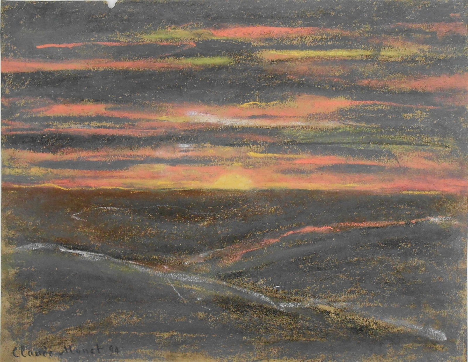 Claude Monet* (1840-1926) Pastel (See Guarantee & Disclaimer): Pastel on colored wove paper, cloudy sky at sunset over a hilly valley, signed and dated (Claude Monet*, 1840-1926). Very small paper chip at upper left margin, otherwise good condition. Unframed for