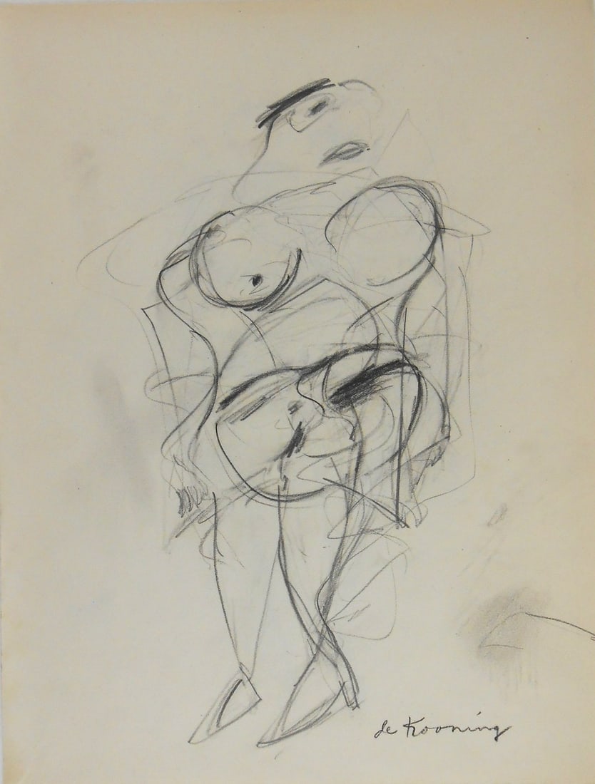 Willem De Kooning* (1904-1997) Double-Sided Drawing (See Guarantee & Disclaimer: Double-sided charcoal and pencil drawing on wove paper, standing woman in charcoal on one side, standing woman in pencil on the reverse. One signed (Willem de Kooning*, 1904-1997). Circa 1950-1955. Ve