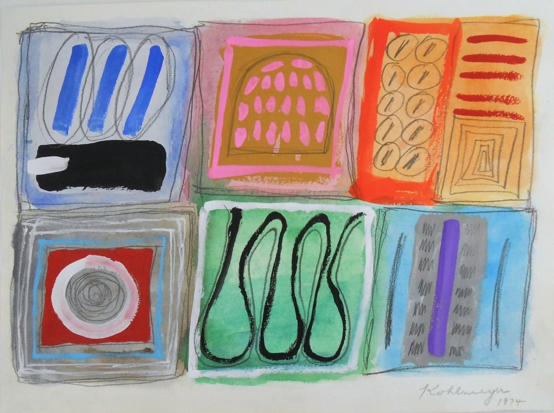 Ida Kohlmeyer (1912-1997) Oil & Mixed Media On Paper: Oil and mixed media painting on off-white handmade laid paper, untitled (from the cluster series), by Ida Rittenberg Kohlmeyer (1912-1997). Pencil signed and dated, 1974. Very good condition. Traces o