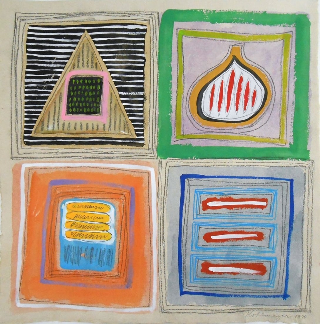 Ida Kohlmeyer (1912-1997) Oil & Mixed Media On Paper: Oil and mixed media painting on heavy weight natural handmade wove paper, untitled (from the cluster series), by Ida Rittenberg Kohlmeyer (1912-1997). Pencil signed and dated, 1978. Very good conditio