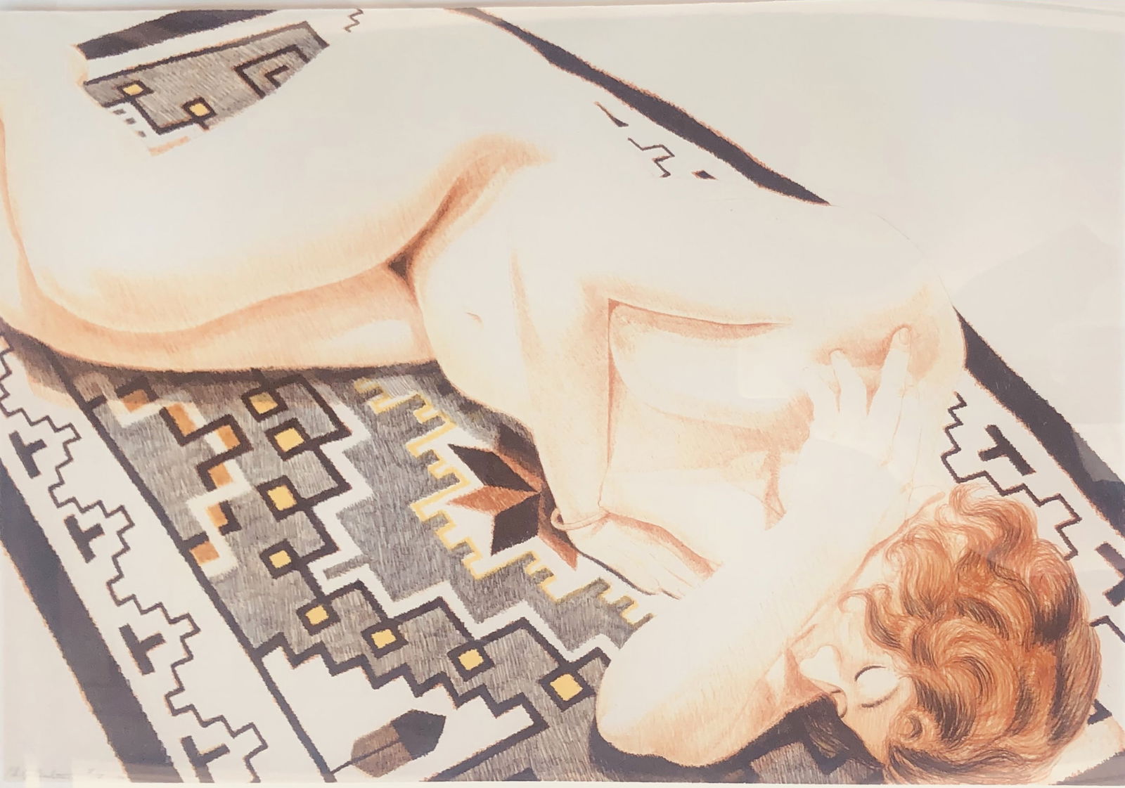 Philip Pearlstein (1924-2022) Color Lithograph, Signed: Colored lithograph, Model on Grey Patterned Rug II, by Philip Pearlstein (1924-2022). Pencil signed and numbered, V/V. Very good condition.Dimensions (art only): H. 22 inches W. 32 inches