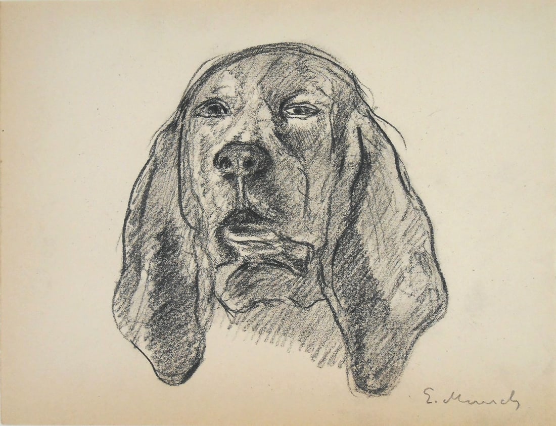 Edvard Munch* (1863-1944) Sketchbook Drawing (See Guarantee & Disclaimer): Charcoal drawing on wove sketchbook paper, portrait of a dog, signed (Edvard Munch*, 1863-1944). Circa 1908-1915. Very good condition, having no apparent damage or repairs. Sold unframed. Dimensions: