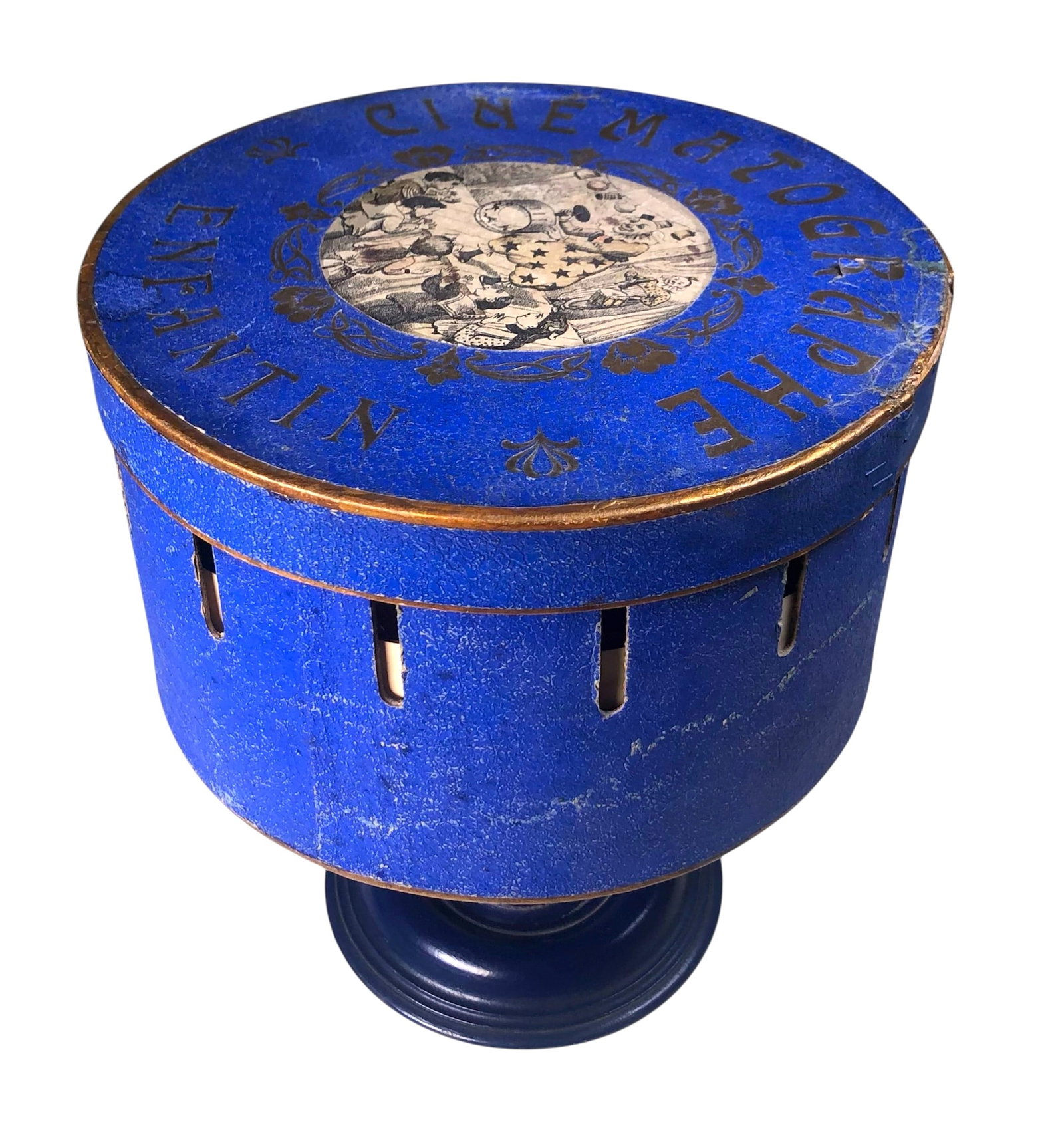Cinematographe Enfantin, Late 19th Century: Cinematographe Enfantin, with two filmstrips; original colored lithograph cover picture, wooden base with cardboard drum and lid. Good condition overall, having wear commensurate with age and use. Fra