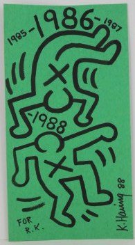 Keith Haring (1958-1990) Felt-Pen Drawing: Original felt-tip pen drawing on green construction paper, untitled, attributed to Keith Haring (1958-1990). Signed and dated and inscribed. 10 1/8 x 5 3/8 inches. Unframed.Lot Note: This lot is being