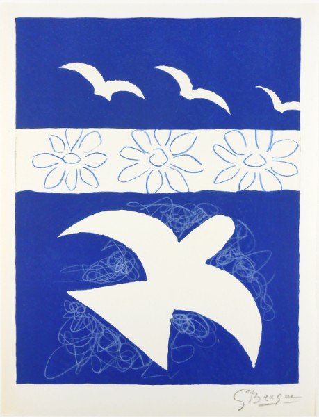 Georges Braque Hand Embellished Lithograph: Original lithograph by Georges Braque (1882-1963), with extensive hand colored additions attributed to the artist. Signed. Published by "Verve." Excellent unframed condition. 13 1/2 x 10 3/8 inches. F