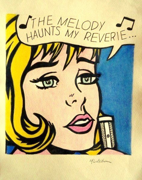 Roy Lichtenstein (1923-1997) Pencil Drawing: Original colored pencil drawing, The Melody Haunts My Reverie, after Roy Lichtenstein (1923-1997); signed lower right. 11 1/2 x 8 7/8 inches. Framed dimensions: 15 x 12 inches. Very good condition.Pro