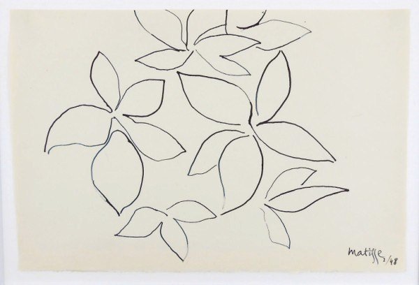 Henri Matisse (1869-1954) Pen & Ink Sketch: Original pen and ink sketch, untitled (study of leaves), attributed to Henri Matisse (1869-1954). Signed and dated lower right. 7 x 10 1/2 inches. Unframed. Lot Note: This lot is being offered as "att