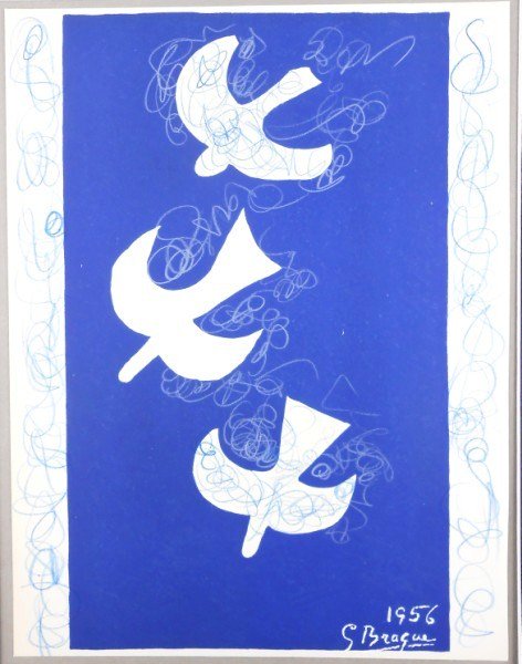 Georges Braque Hand Embellished Lithograph: Original lithograph by Georges Braque (1882-1963), with extensive hand colored additions attributed to the artist. Signed. Published by "Verve." Excellent unframed condition. 14 x 10 3/8 inches. Frami