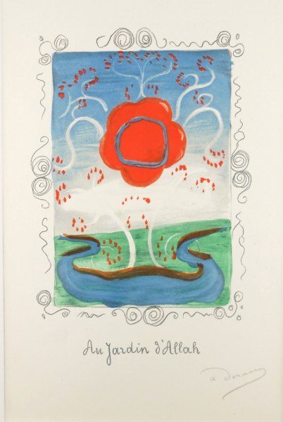 Andre Derain (1880-1954) Pencil Signed Lithograph: Original lithograph, "Au Jardin l'Allah," by Andre Derain (1880-1954), with pencil signature. 14 x 10 3/8 inches. (Image measures 7 x 5 inches.) Matted but not framed. Excellent condition.Framing Note