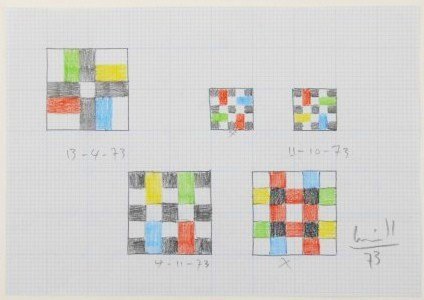 Max Bill (1908-1994) Colored Pencil Study: Graphite and colored pencil drawing on gridded paper, untitled design study, by Max Bill (1908-1994). Signed. 7 x 10 inches. Very good condition. Matted but unframed. Provenance: Acquired by the prese