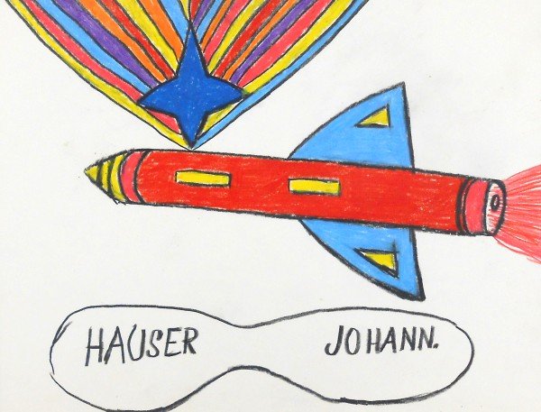 Johann Hauser (1926-1996) Colored Pencil Drawing: Colored pencil drawing, Red Rocket with Star, by Johann Hauser (1926-1996). Signed. 9 x 11 inches. Matted but unframed.Property from a prominent German collection of European folk and "outsider" art.F