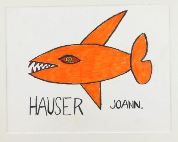 Johann Hauser (1926-1996) Colored Pencil Drawing: Colored pencil drawing, Orange Shark, by Johann Hauser (1926-1996). Signed with the alternate spelling, "Joann," which the artist sometimes used. 9 x 11 inches. Matted but unframed.Property from a pro