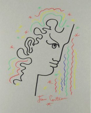 Jean Cocteau (1889-1963) Drawing: Original drawing on grey paper, face in profile, black marker pen and colored crayons, attributed to Jean Cocteau (1889-1963). Signed lower right. Very good condition. 9 3/4 x 7 5/8 inches. Unframed. 