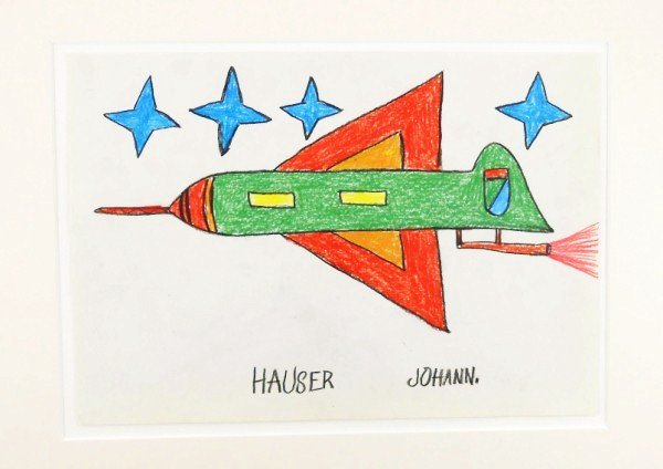 Johann Hauser (1926-1996) Pencil Drawing: Colored pencil drawing by Johann Hauser (1926-1996), Airplane and Stars. Signed. 8 3/4 x 12 5/8 inches. Matted but unframed.Property from a prominent German collection of European folk and "outsider"