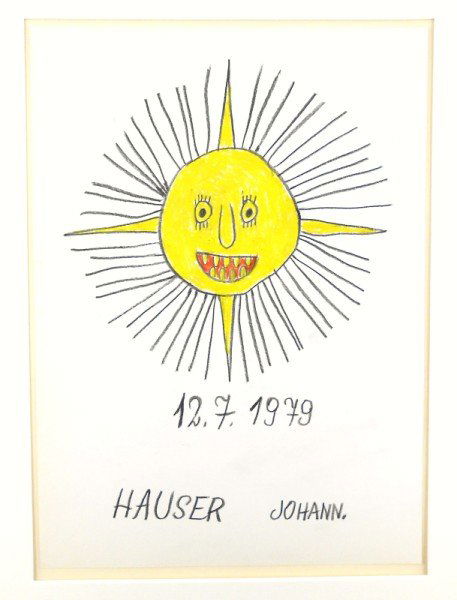 Johann Hauser (1926-1996) Pencil Drawing: Colored pencil drawing, Sun, by Johann Hauser (1926-1996). Signed and dated. 12 x 8 3/4 inches. Matted but unframed.Property from a prominent German collection of European folk and "outsider" art.Fram