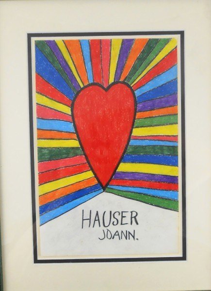 Johann Hauser (1926-1996) Colored Pencil Drawing: Colored pencil drawing, Red Heart, by Johann Hauser (1926-1996). Signed lower middle with the alternate spelling, "Joann," which the artist sometimes used. 11 1/2 x 7 1/2 inches. Matted but unframed.P