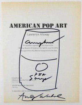 Andy Warhol (1928-1987) Souvenir Drawing: Original soup can sketch in black felt-tip pen, by Andy Warhol (1928-1987). Executed on the title page of American Pop Art, 1974. Signed lower middle. 9 1/2 x 7 1/4 inches. Very good overall condition