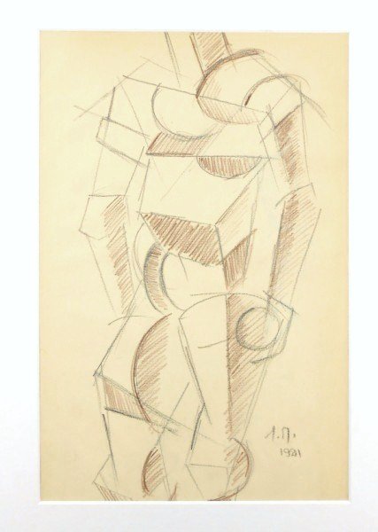 Russian Cubist Drawing, Circa 1921: Russian cubist pencil drawing, attributed to Liubov Sergeevna Popova (1889-1924); containing an additional drawing on the reverse. Monogramed lower right and dated 1921. 13 1/4 x 8 inches. Unframed. L