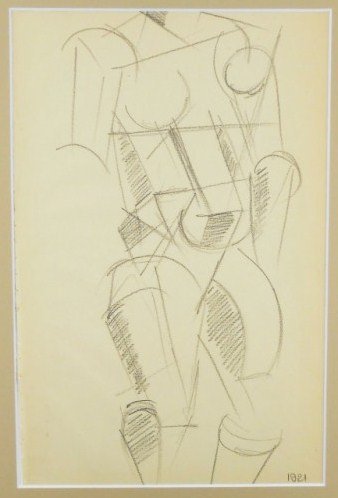 Russian Cubist Drawing: Russian cubist pencil drawing, figure study, attributed to Liubov Sergeevna Popova (1889-1924). Dated 1921. Unsigned. 13 1/4 x 8 inches. Unframed. Lot Note: This lot is being offered as "attributed to