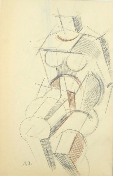 Russian Cubist Drawing: Russian cubist pencil drawing, figure study, attributed to Liubov Sergeevna Popova (1889-1924); containing another figure study on the reverse. Monogrammed lower left. 13 1/4 x 8 inches. Unframed. Lot