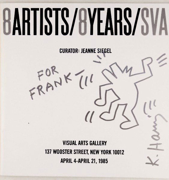 Keith Haring Silver-Ink Souvenir Drawing: Original silver-ink souvenir sketch, untitled, attributed to Keith Haring (1958-1990). Signed and dedicated. Executed on the title page of "8 Artists/8 Years/SVA," curated by Jeanne Siegel and publish