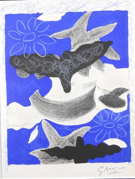 Georges Braque Hand Embellished Lithograph: Original lithograph by Georges Braque (1882-1963), with extensive hand colored additions attributed to the artist. Signed. Published by "Verve." Excellent unframed condition. 14 x 10 3/8 inches. Frami