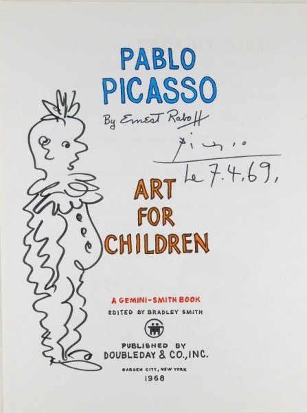 Pablo Picasso (1881-1973) Felt-Tip Pen Drawing: Original felt-tip pen drawing, "Clown," attributed to Pablo Picasso (1881-1973). Signed and dated upper right. Executed on the title page of "Art for Children," edited by Bradley Smith, published by D