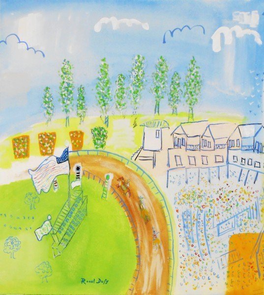 Raoul Dufy (1877-1953) Gouache: Original gouache, "Courses a Suffolk Downs," attributed to Raoul Dufy (1877-1953). Signed. 19 x 17 1/4 inches. Very good condition. Matted but unframed. Lot Note: This is probably a later piece, circa