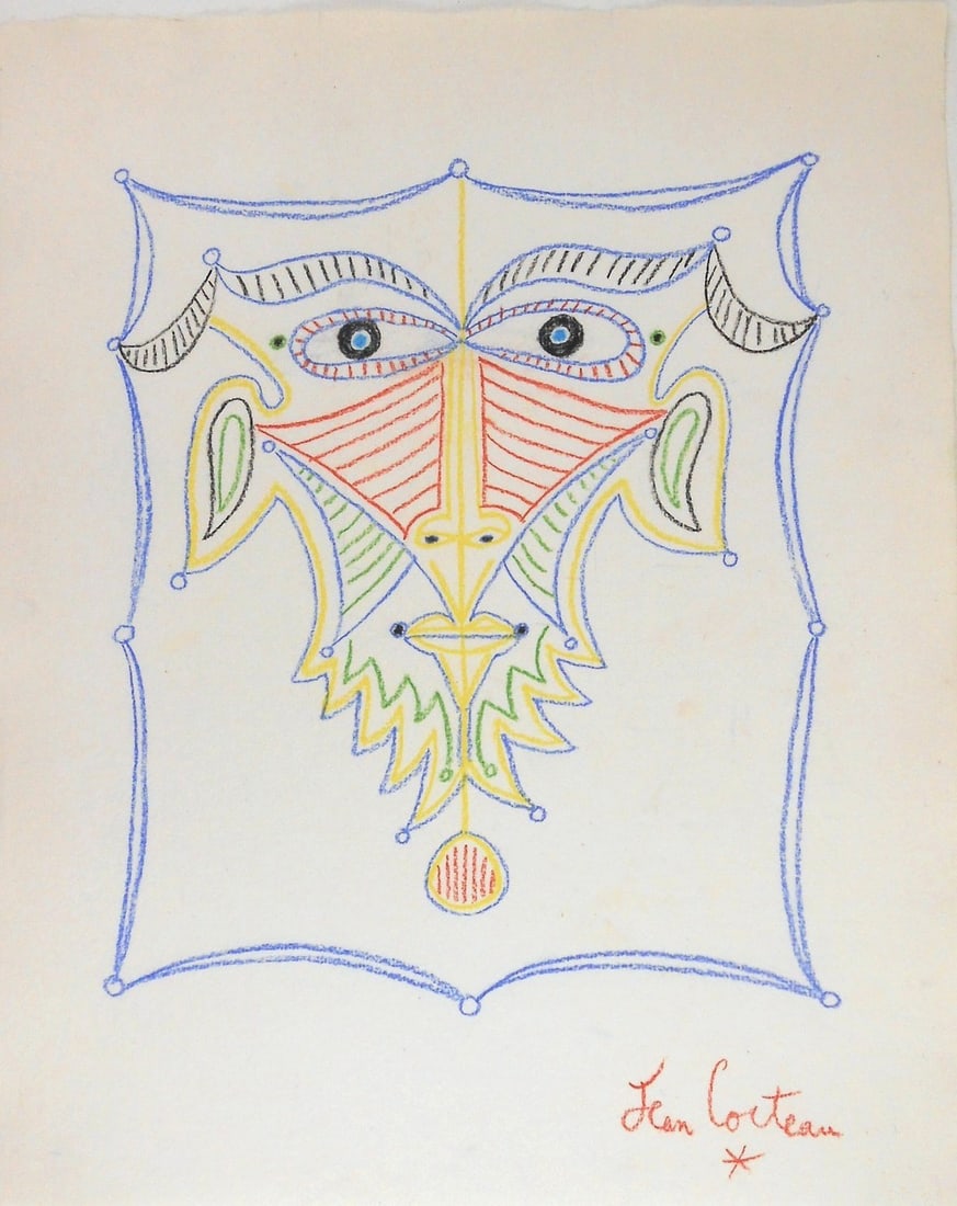 Jean Cocteau* (1889-1963) Chalk Drawing (See Guarantee & Disclaimer): Colored chalk drawing on laid paper (possibly handmade), portrait, signed (Jean Cocteau*, 1889-1963). Very good condition overall. No evidence of any damage or repairs. Removed from frame for inspecti