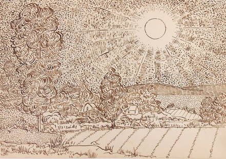 Vincent Van Gogh* (1853-1890) Ink Drawing (See Guarantee & Disclaimer): Brown ink drawing on laid paper, landscape with sun, signed (Vincent van Gogh*, 1853-1890). Very good condition overall, having no readily apparent damage or repairs. Removed from frame for