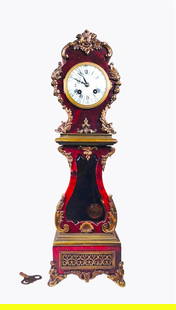 French Miniature Tallcase Clock, Circa 1900: Bronze mounted miniature tallcase clock with porcelain dial, France, circa 1900. Good condition overall. Dimensions: H. 19 inches W. 6 inches D. 4 inches
