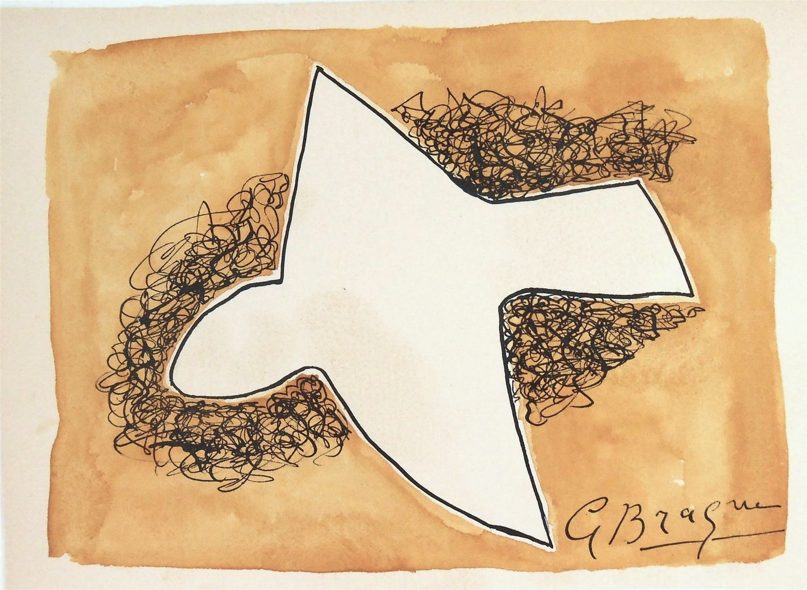 Georges Braque* (1882-1963) Watercolor (See Guarantee & Disclaimer: Watercolor with ink on Arches wove paper (partial watermark visible), bird in flight, signed (Georges Braque*, 1882-1963). Excellent condition, having no visible damage or signs of repair. Removed fro