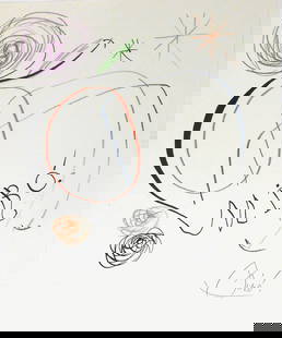 Joan Miro* (1893-1983) Mixed Media Drawing (See Guarantee & Disclaimer): Mixed media drawing on laid paper, untitled abstract, signed twice, once boldly in black ink and also in pencil (Joan Miro*, 1893-1983). Very good condition. No visible damage or repairs. Removed