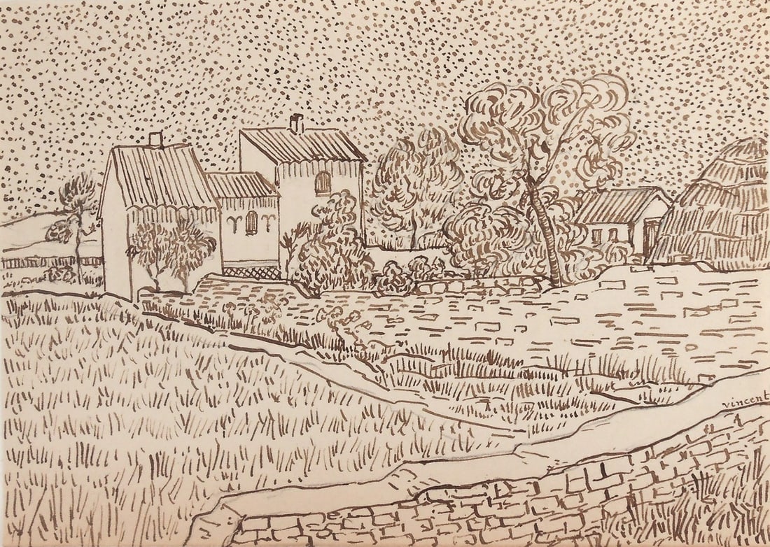 Vincent Van Gogh* (1853-1890) Ink Drawing (See Guarantee & Disclaimer): Brown ink drawing on wove paper, landscape with farmhouse and fields, signed (Vincent van Gogh*, 1853-1890). Very good condition overall, having no readily apparent damage or repairs. Removed from fra