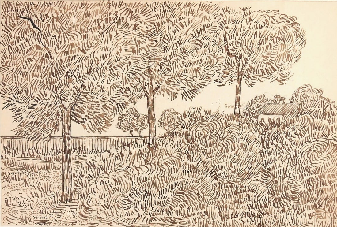 Vincent Van Gogh* (1853-1890) Ink Drawing (See Guarantee & Disclaimer): Brown ink drawing on laid paper, landscape with trees and farmhouse, signed (Vincent van Gogh*, 1853-1890). Very good condition overall, having no readily apparent damage or repairs. Removed from fram