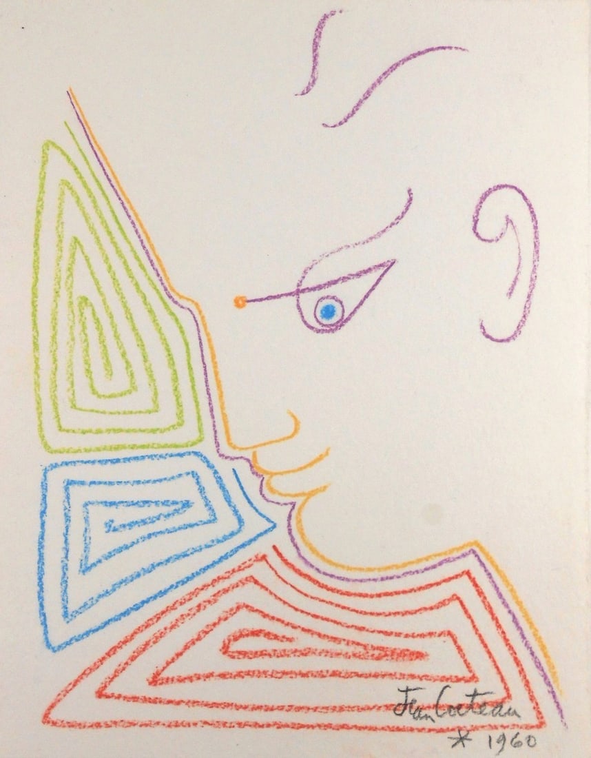 Jean Cocteau* (1889-1963) Chalk Drawing (See Guarantee & Disclaimer): Colored chalk drawing on wove paper, Orpheus with arabesques, signed (Jean Cocteau*, 1889-1963). Very good condition overall. No evidence of any damage or repairs. Removed from frame for inspection, p