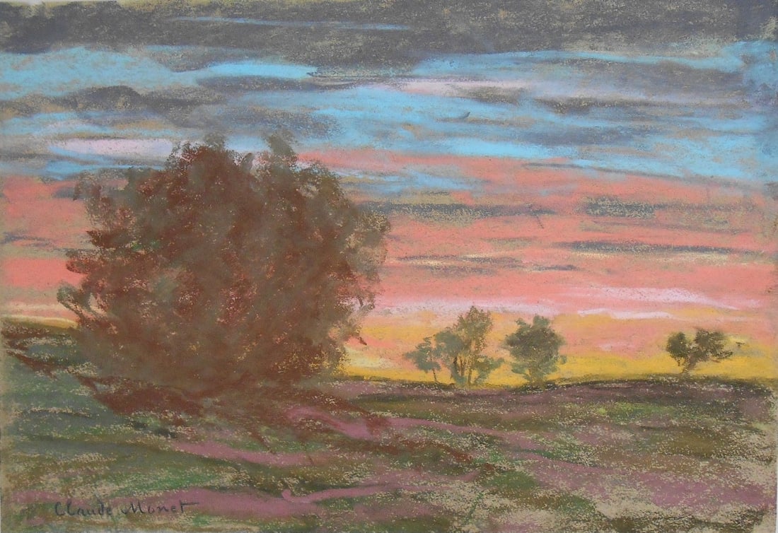 Claude Monet* (1840-1926) Pastel On Paper (See Guarantee & Disclaimer): Pastel on greenish-colored paper, landscape with trees, signed (Claude Monet*, 1840-1926). A few minor imperfections along some of the edges, otherwise very good condition overall. Removed from frame