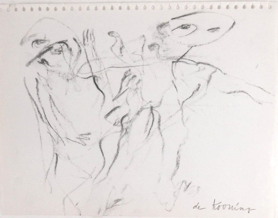 Willem De Kooning* (1904-1997) Charcoal Drawing (See Guarantee & Disclaimer): Charcoal drawing on watermarked sketchbook paper, two figures, signed (Willem de Kooning*, 1904-1997). Very good condition, having no apparent damage or repairs. Removed from frame for inspection, pho