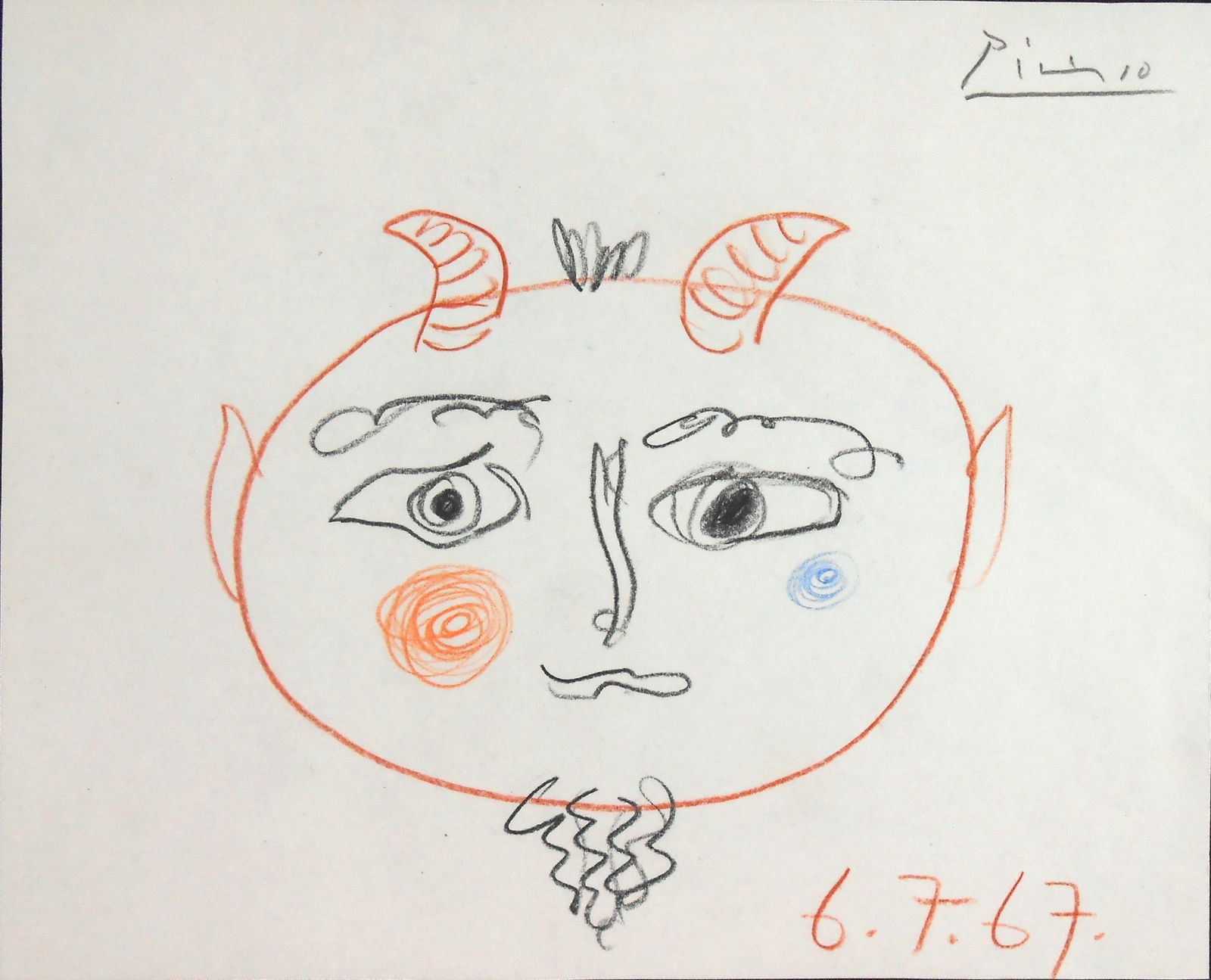 Pablo Picasso* (1881-1973) Colored Pencil Drawing (See Guarantee & Disclaimer): Colored pencil drawing on wove paper, portrait of a faun, signed and dated (Pablo Picasso*, 1881-1973). Very good condition overall. No visible damage or signs of repair. Removed from frame for inspec