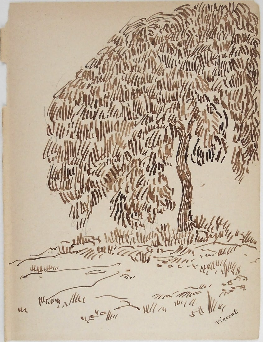 Vincent Van Gogh* (1853-1890) Ink Drawing (See Guarantee & Disclaimer): Brown ink sketchbook drawing on medium weight wove paper, study of a tree in landscape, signed (Vincent van Gogh*, 1853-1890). Very good condition overall. No repairs or visible damage. Sold unframed,