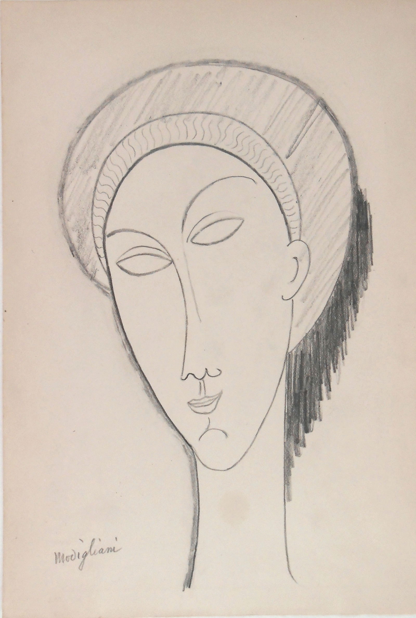 Amedeo Modigliani* (1884-1920) Pencil Drawing (See Guarantee & Disclaimer): Pencil drawing on wove sketchbook paper, Tete de face, signed (Amedeo Modigliani*, 1884-1920). Very good condition, having no visible damage or signs of repair. Removed from frame for inspection, phot