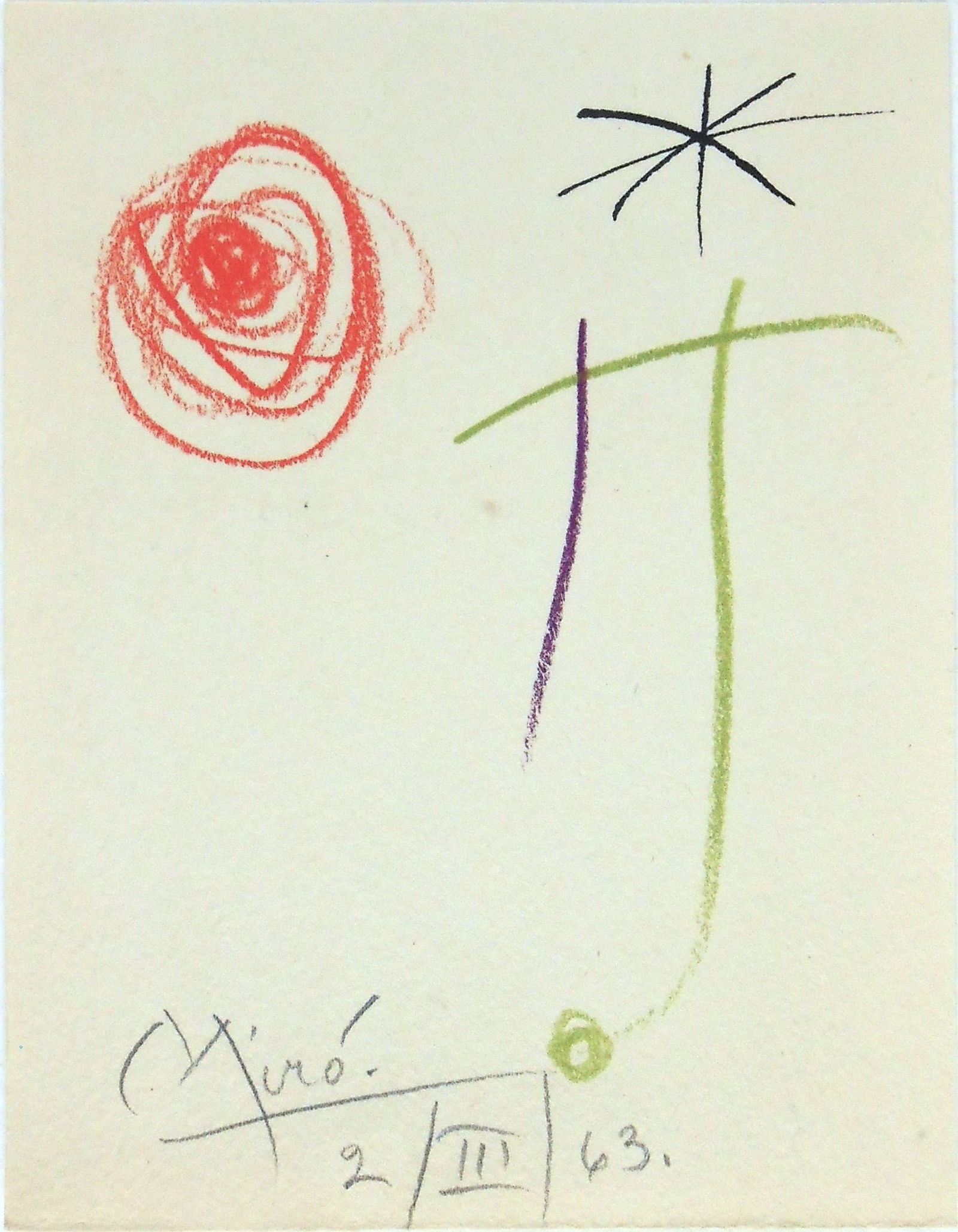 Joan Miro* (1893-1983) Mixed Media Drawing (See Guarantee & Disclaimer): Mixed media drawing on wove paper, untitled abstract, signed and dated in pencil (Joan Miro*, 1893-1983). Very good condition. No visible damage or repairs. Removed from frame for inspection, photogra