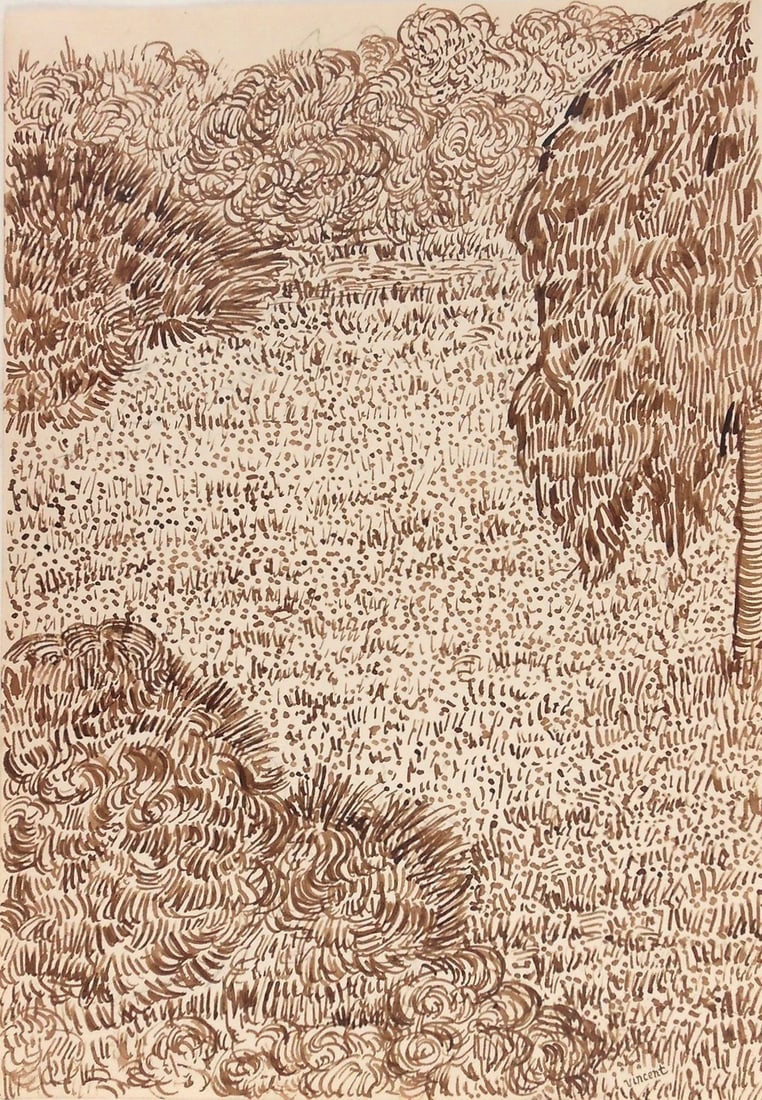 Vincent Van Gogh* (1853-1890) Ink Drawing (See Guarantee & Disclaimer): Brown ink drawing on laid paper, park landscape, signed (Vincent van Gogh*, 1853-1890). Very good condition overall, having no readily apparent damage or repairs. Removed from frame for inspection, ph
