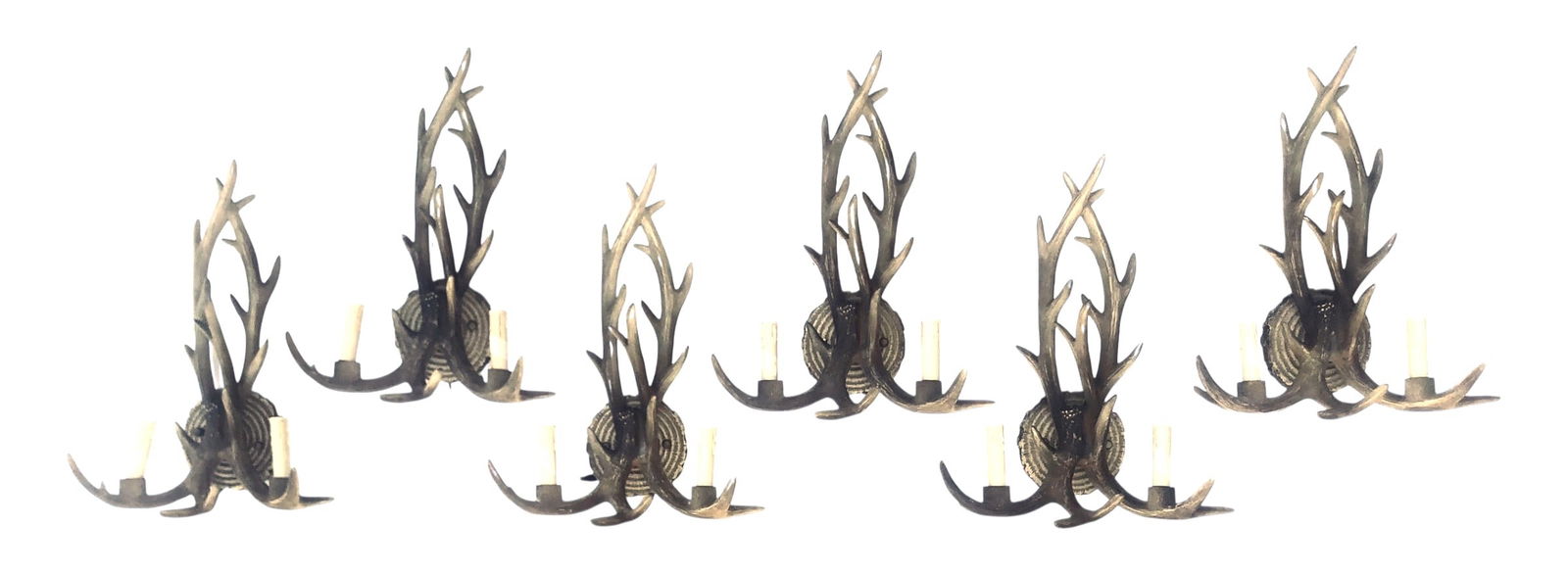 Set Of 6 Antler Wall Sconces: Fantastic set of six (6) two-light resin antler wall sconces. Excellent condition.Dimensions: H. 19 inches W. 15 inches D. 6 1/2 inches